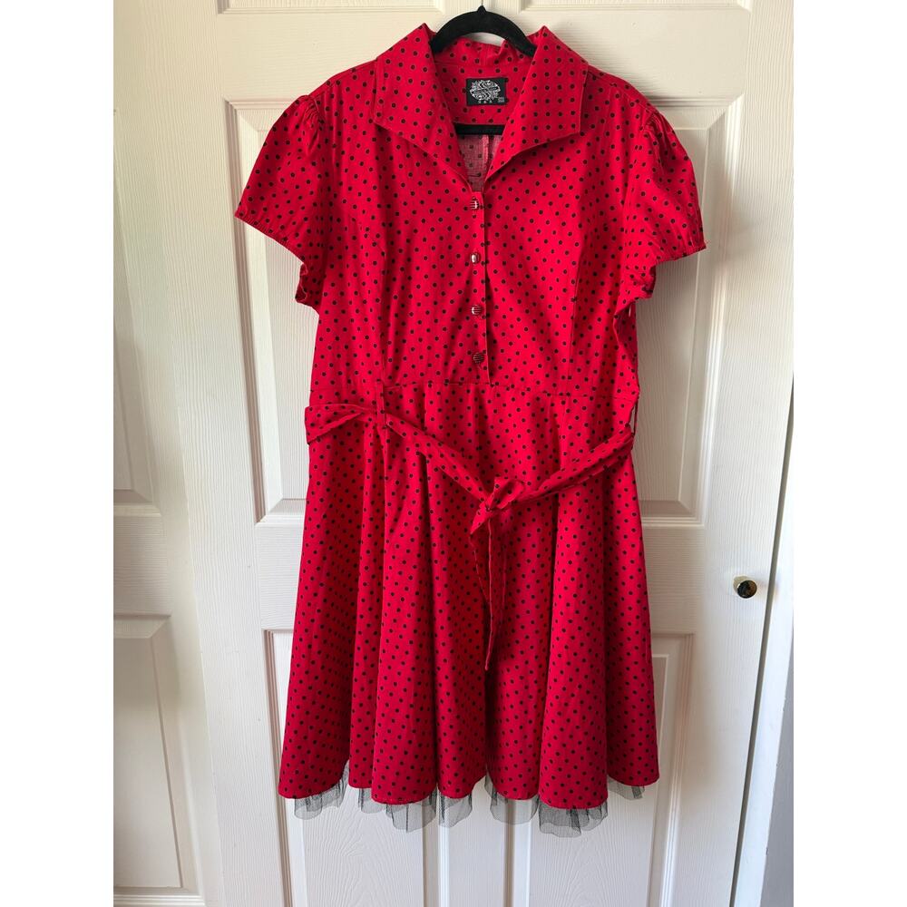 Hearts & Roses Red Black Polka Dot Fit & Flare Dress Sz 20 US Pin Up Rockabilly